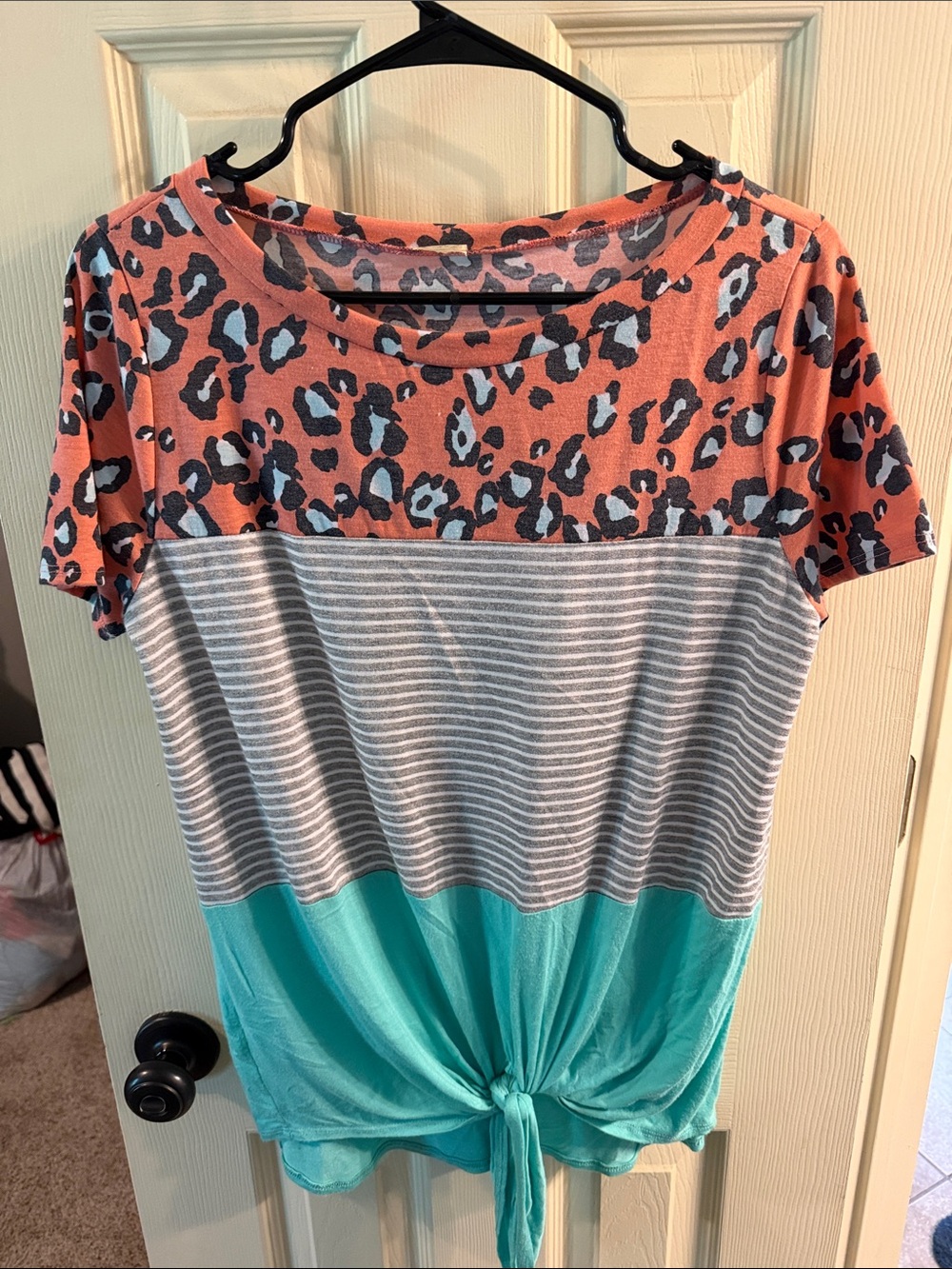 Tie-Front Colorblock Blouse in Coral Leopard, Gray & Teal